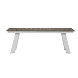 Benjara BM287849 Patio Zia 54 Inch Outdoor Dining Bench, Polyresin Top, Aluminum Frame, White and Gray