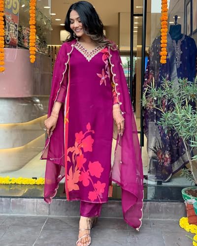 Anni Designer Women'S Cotton Blend Straight Printed Kurta With Pant & Dupatta (Daari Wine_L_Wine_Large),Wine,L,Cotton Blend,Regular,Kurta, Scarf