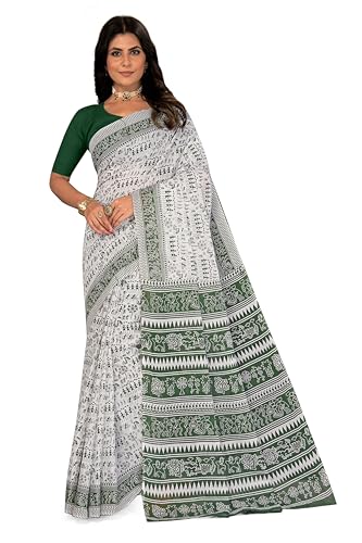 Tamaira Fashion Women's Plain Cotton Saree (2536_White&SageGreen