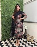Anni Designer Women'S Cotton Blend Straight Printed Kurta With Pant & Dupatta (Poona Black_4Xl_Black_Xxxx-Large),Black,4XL,Cotton Blend,Regular,