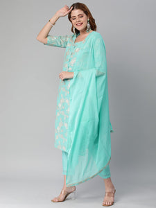 Anni Designer Women'S Banarasi Woven Straight Embellished Printed Kurta With Pant & Dupatta (Kabzaa-See Green_Xxl_See Green_Xx-Large),See Green,2XL,Silk,Regular,