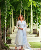 Anni Designer Women'S Rayon Viscose Embellished Anarkali Kurta With Pant & Dupatta (Sikana Sky Blue_M_Sky Blue_Medium),Sky Blue,M,Rayon,Anarkali,