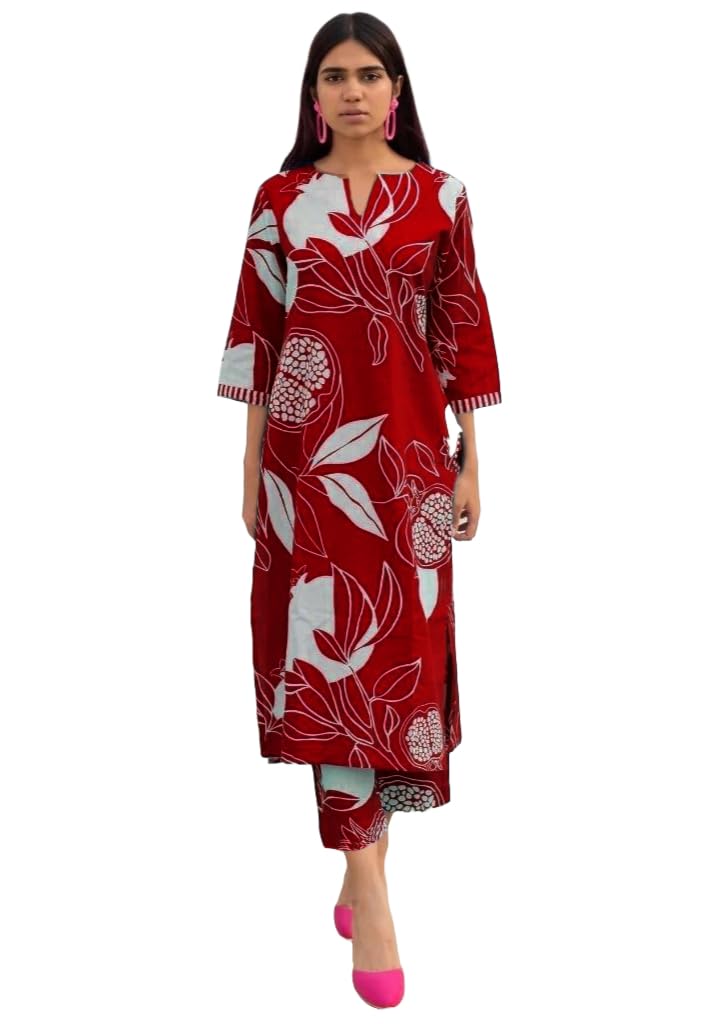 Gosriki Women'S Cotton Blend Straight Printed Kurta With Pant (Anaar-Red-Nw-Gs_Xl_Red_X-Large),Red,,B0D5VJGTG5