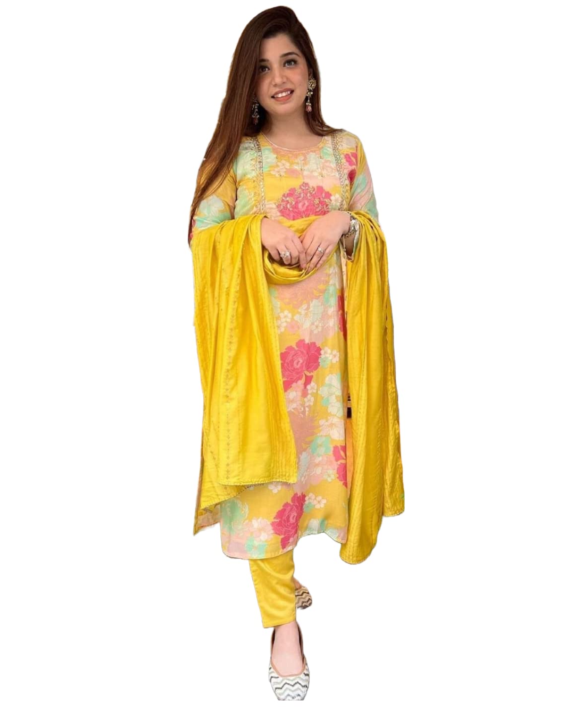 Anni Designer Women'S Cotton Blend Embroidered Floral Printed Straight Kurta With Pant & Dupatta (Litup-Yellow_S_Yellow_Small),Yellow,S