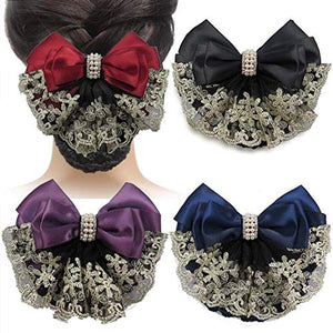 2Pcs Professional Hair Bun Cover Snood Hairnet Bowknot with Lace Pearl Crystal Decoration Barrette Hair Clip Hair Accessories fo