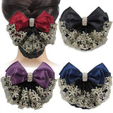 2Pcs Professional Hair Bun Cover Snood Hairnet Bowknot with Lace Pearl Crystal Decoration Barrette Hair Clip Hair Accessories fo