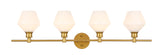 Living District Gene Industrial Mid-Century Modern 4 Light Entryway And Bathroom Wall Sconce In Brass And Frosted White Glass