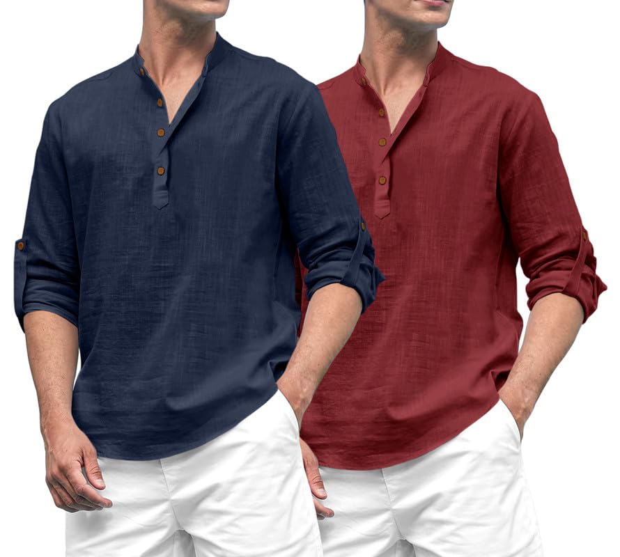 Royalscout Combo Of Men'S Solid Cotton Blend Full Sleeve Straight Kurta Shirt (Pack Of 2) Navy-Maroon