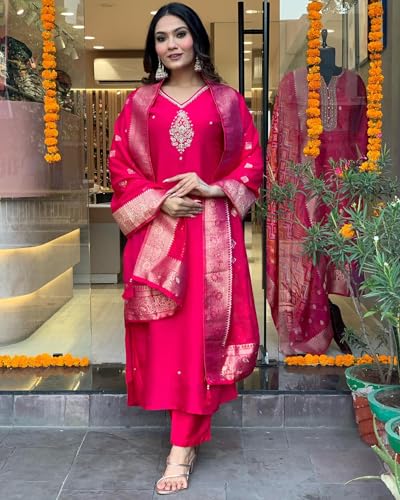 Anni Designer Women'S Silk Blend Straight Embroidered Kurta With Pant & Dupatta (Premium Pink_L_Pink_Large),Pink,L,Silk Blend,Casual,Kurta,Pant,Dupatta