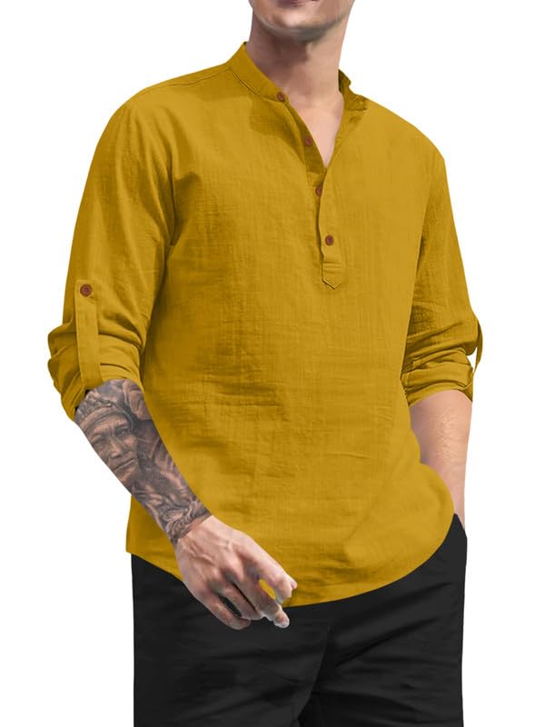 Royalscout Men'S Cotton Polyester Blend Solid Regular Fit Full Sleeve Short Kurta Gold