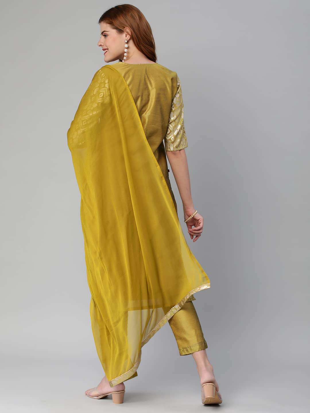 Anni Designer Women'S Banarasi Woven Straight Embellished Printed Kurta With Pant & Dupatta (Kabzaa-Methi-Nw_L_Mustard_Large),Mustard,L,Banarasi Woven,Regular,