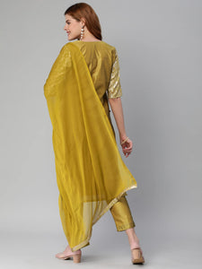 Anni Designer Women'S Banarasi Woven Straight Embellished Printed Kurta With Pant & Dupatta (Kabzaa-Methi-Nw_M_Mustard_Medium),Mustard,M,Banarasi Woven,Regular,