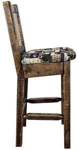 Montana Woodworks Homestead Collection Barstool With Upholstered Seat, Woodland Pattern, Laser Engraved Bear Design, Stained & L