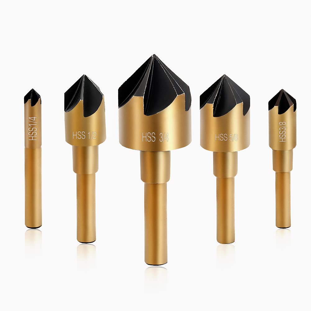 Aleric Countersink Drill Bit Set,High Speed Steel Counter Sinker Drill Bit 5Pcs 5 Flute 6mm Hex Shank with 82 Degree Mill Cutter