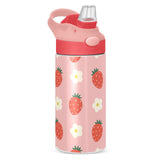 Strawberry Flowers Cute Girls Water Bottle with Straw and Carry Handle Pink Vacuum Insulated Stainless Steel Bottles Leak-Proof 