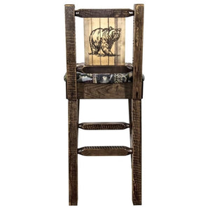 Montana Woodworks Homestead Collection Counter Height Barstool With Upholstered Seat, Woodland Pattern, Laser Engraved Bear Desi