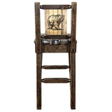 Montana Woodworks Homestead Collection Counter Height Barstool With Upholstered Seat, Woodland Pattern, Laser Engraved Bear Desi