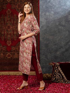 Gosriki Women'S Cotton Blend Straight Printed Kurta With Pant (Rajrita Maroon-Gs_S_Maroon_Small),Maroon,,B0D73Y3SCV
