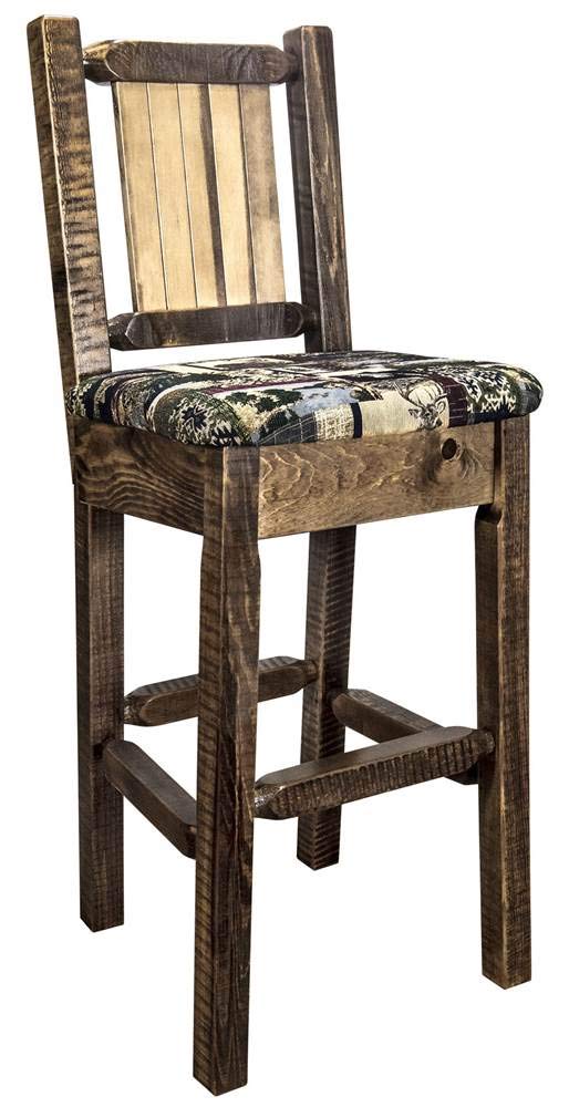 Montana Woodworks Homestead Collection Barstool With Upholstered Seat, Woodland Pattern, Laser Engraved Pine Tree Design, Staine