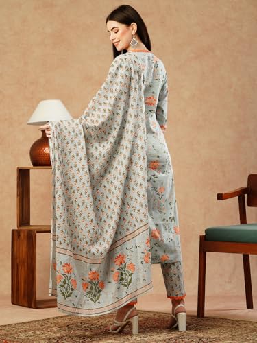 Anni Designer Women'S Cotton Blend Straight Printed Kurta With Pant & Dupatta (Drpo Green_Xl_Green_X-Large),Green,XL,Cotton Blend,DRPO_1450,