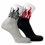 Bear & Beyond Flame Graphic Crew Socks Mid Calf Cotton Blend Breathable Stretch Casual Athletic Street Style Socks For Men (Blac
