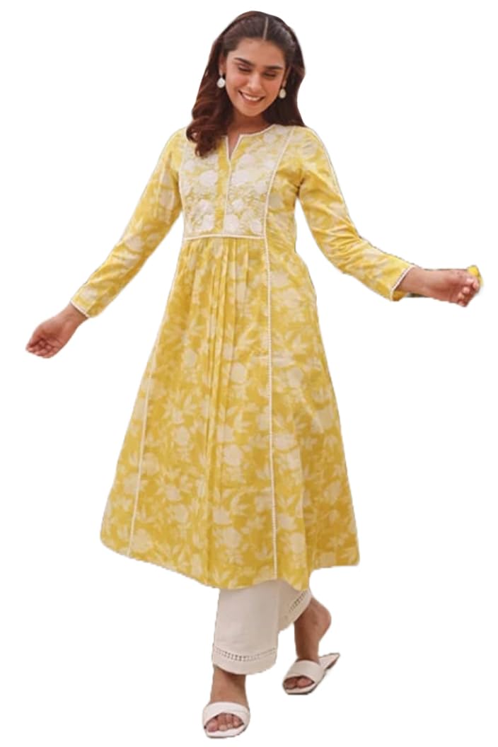 Anni Designer Women'S Rayon Blend Anarkali Embroidered Kurta (Rupini Yellow_L_Yellow_Large),Yellow,L