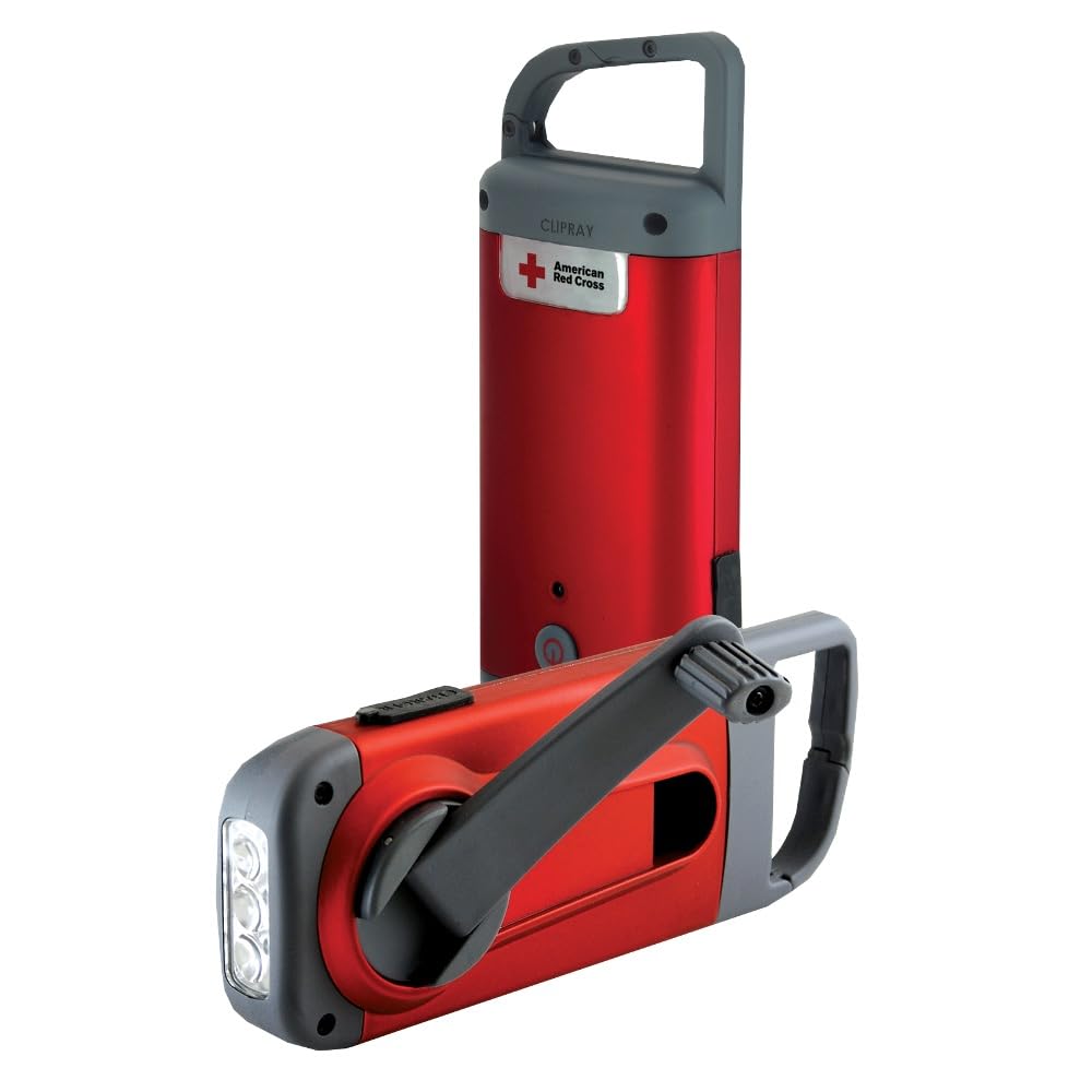 Eton American Red Cross Crank-Powered Clipray Clip-On Flashlight & Smartphone Charger, Solar Powered, Hand Crank, Cherry Red, Co