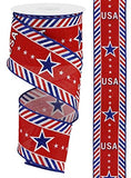 USA & Diagonal Border Stripes Canvas Wired Ribbon, Red White Blue 2.5 Inch x 10 Yards