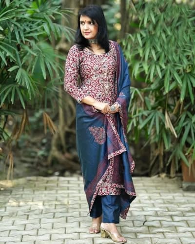 Anni Designer Women'S Rayon Blend Straight Printed Kurta With Pant & Dupatta (Parimat Red_L_Red_Large),Red,L,Rayon Blend,Regular,