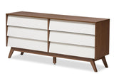 Baxton Studio Hildon 6 Drawer Double Dresser In White And Walnut Brown