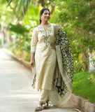 Anni Designer Women'S Rayon Blend Straight Embroidered Kurta With Pant & Dupatta (Pamposh Cream_M_Cream_Medium),Cream,M,Rayon Blend,Regular,
