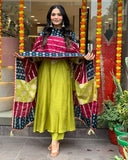 Anni Designer Women'S Rayon Viscose Embroidered Anarkali Kurta With Pant & Dupatta (Jennu Mehandi_Xxl_Mehandi_Xx-Large),Mehandi,2XL,Rayon,Anarkali,