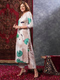 Anni Designer Women'S Cotton Blend Straight Printed Kurta With Palazzo (Swans Peach-Nw_M_Peach_Medium),Peach,M,Cotton Blend,Regular,Kurta, Pants