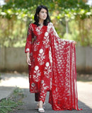 Anni Designer Women'S Rayon Blend Floral Straight Kurta With Pant & Dupatta (Zuri Purple_Red_Xx-Large),Red,2XL,Rayon Blend,Regular,Kurta with Pant & Dupatta