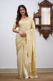 Flosive Mix Color & Gold Zari Woven Kanjivaram Saree With Blouse (Cream)