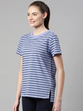 Enamor Athleisure Relaxed Fit Short Sleeve Round Neck Antimicrobial Finish Breathable Stretch Cotton Activewear Sports Tshirt for Women-A3S1 (A3S1_Purple Slate Stripe/Be Here Now Graphic_XL),Purple Slate Stripe/