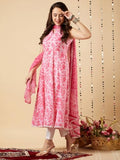 Anni Designer Women'S Cotton Blend Anarkali Printed Kurta With Pant & Dupatta (Nilam Pink-Nw_Xxl_Pink_Xx-Large),Pink,2XL,Cotton Blend,Anarkali,