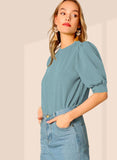 Wedani Women'S Casual Puff Sleeves Round Collor Solid Top (Medium Grey),Grey,M,Polyester,Regular,