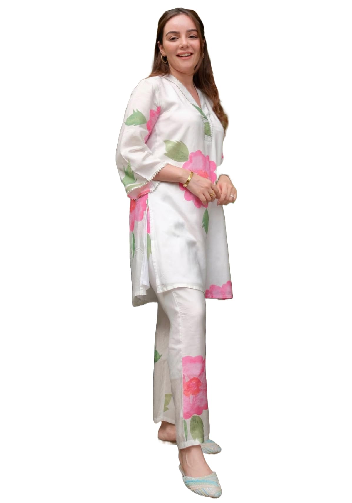Anni Designer Women'S Chanderi Cotton Straight Printed Co-Ord Set (Lace Cream Co-Ord-Nkl_Xl_Cream_X-Large),Cream,XL