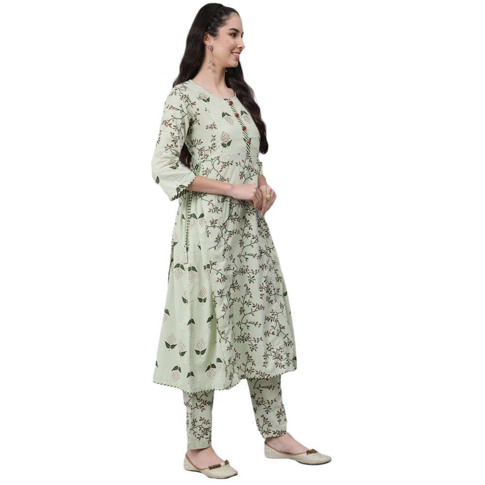 Anubhutee Women'S Cotton Printed A-Line Kurta Suit Set With Dupatta & Pants Anu2111387_S_Green