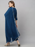 Anni Designer Women'S Cotton Blend Straight Embroidered Kurta With Pant & Dupatta (Mahuni) Blue,Blue,L,Cotton Blend,Regular,Dupatta