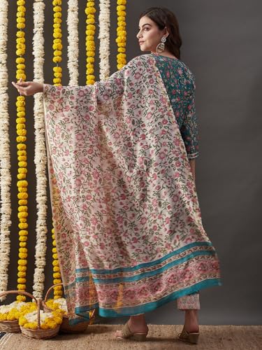 Anni Designer Women'S Cotton Blend Straight Printed Kurta With Pant & Dupatta (Atisuman Green_M_Green_Medium),Green,M,Cotton Blend,Straight,Dupatta