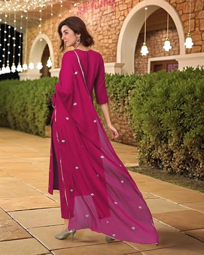 Anni Designer Women'S Rayon Viscose Straight Embroidered Kurta With Pant & Dupatta (Kasturi Pink-Vks04_M_Pink_Medium),Pink,M,Rayon Viscose,Regular,