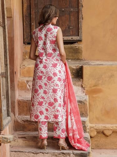 Anni Designer Women'S Cotton Blend Printed Straight Kurta With Pant & Dupatta (Root Pink_S_Pink_Small),Pink,S,Cotton Blend,Straight,Kurta, Scarf