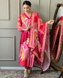 Anni Designer Women'S Cotton Blend Printed Straight Kurta With Pant & Dupatta (Tumari Pink_L_Pink_Large),Pink,L,Cotton Blend,Regular,Dupatta