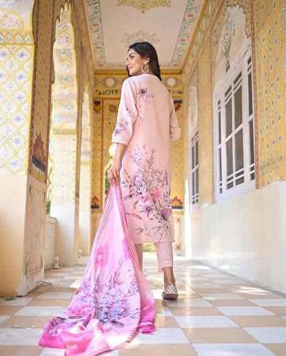 Anni Designer Women'S Cotton Blend Printed Straight Kurta With Pant & Dupatta (Durjan Pink_S_Pink_Small),Pink,S,Cotton Blend,Regular,Kurta, Scarf