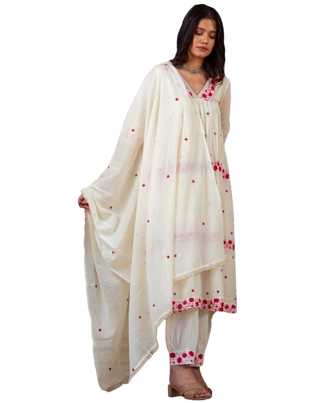 Anni Designer Women'S Rayon Blend Anarkali Embroidered Kurta With Pant & Dupatta (Raashi Cream_M_Cream_Medium),Cream,M,,,
