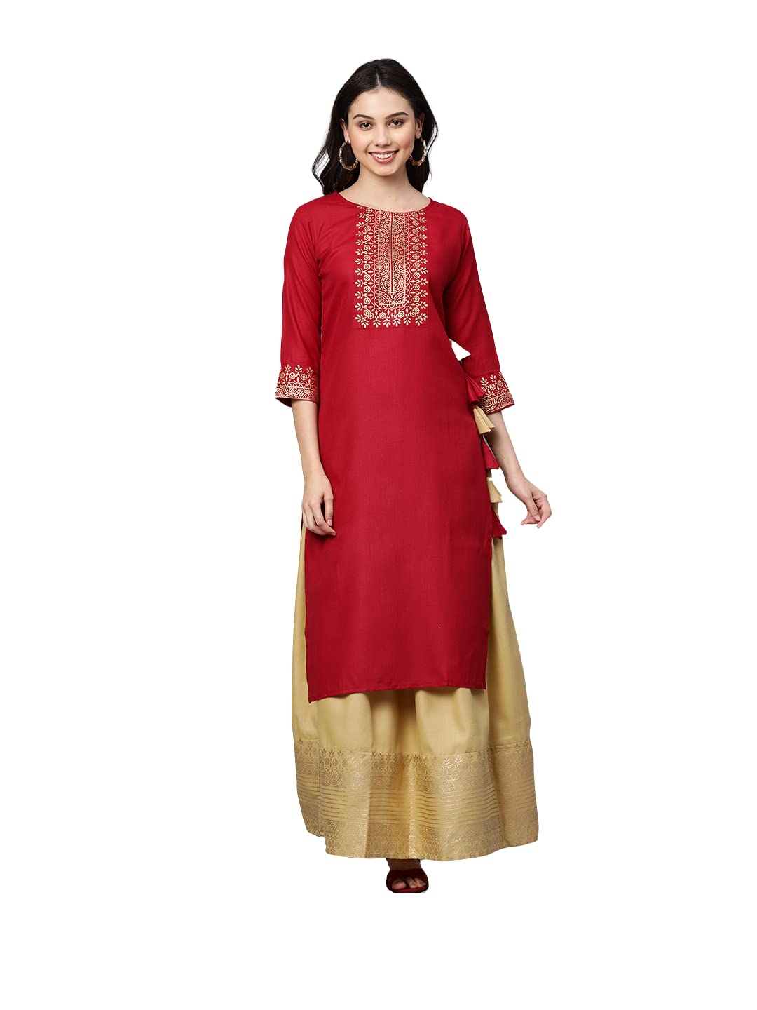 Anni Designer Women'S Rayon Straight Kurta With Skirt (Madam-Jee-Red_Xl_Red_X-Large),Red,XL