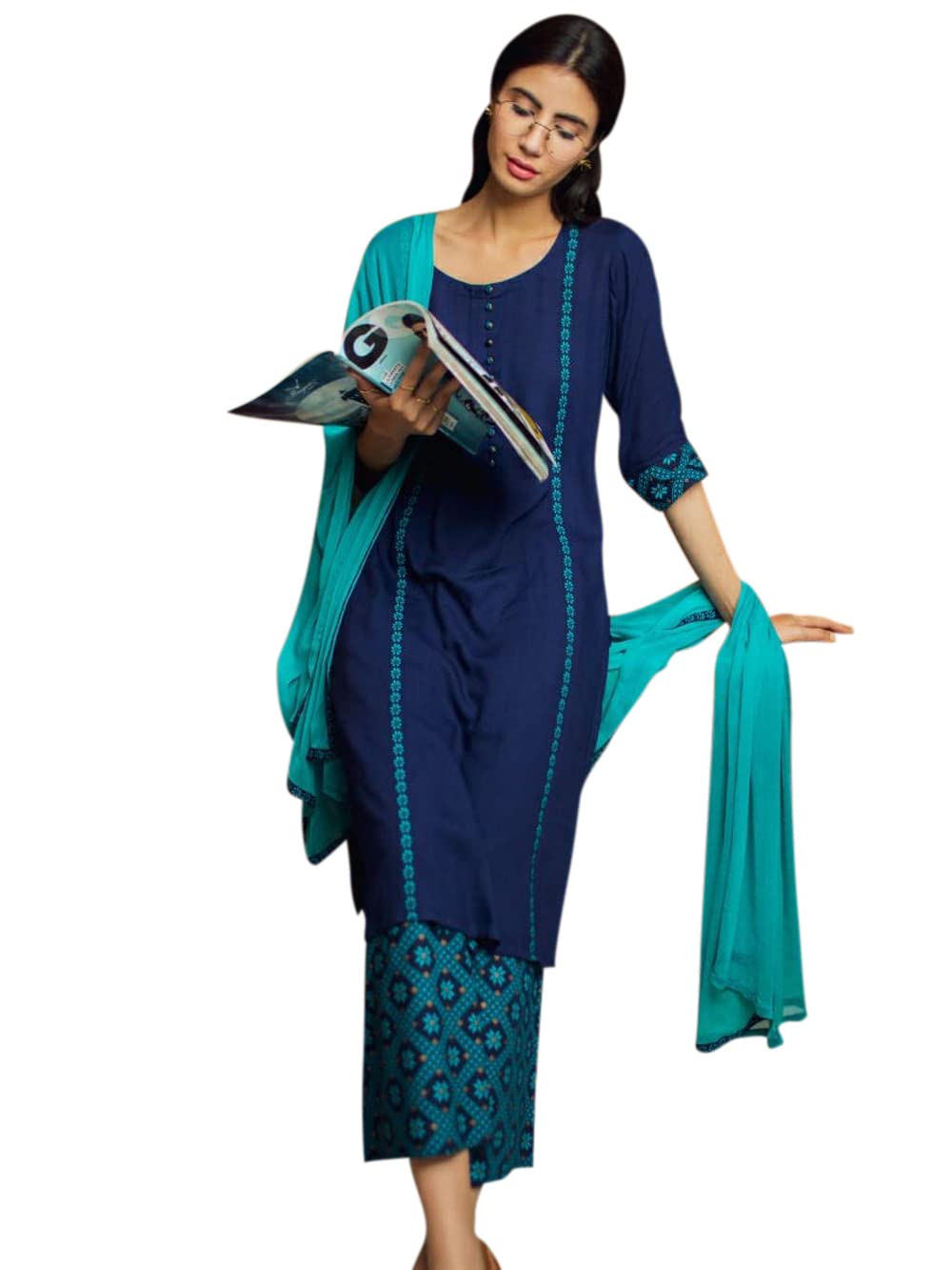 Anni Designer Women'S Cotton Blend Printed Straight Kurta Palazzo & Dupatta (Homing New Blue_Xxl_Navy Blue_Xx-Large),Navy Blue,2XL