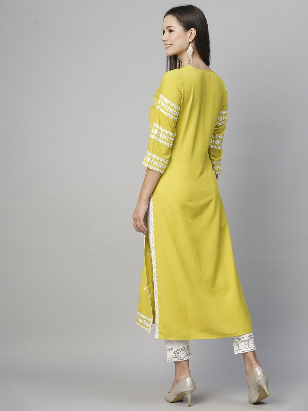 Anni Designer Women'S Cotton Blend Chikankari Embroidered Straight Kurta (Stho-Yellow_S_Yellow_Small),Yellow,S,Cotton Blend,Regular,Kurta